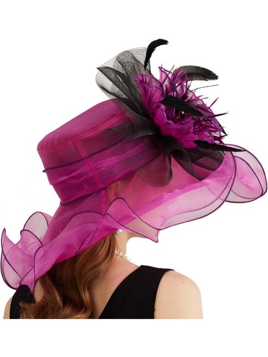 Elegant Wide Brim Organza Church Derby Hat with Detachable Flower for Weddings